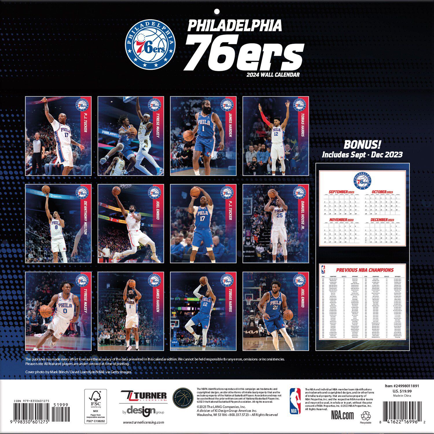 Philadelphia 76ers 2024 12'' X 12'' Team Wall Calendar