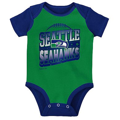 Newborn & Infant Mitchell & Ness Green/Royal Seattle Seahawks Throwback Big Score Creeper Bib and Bootie Set