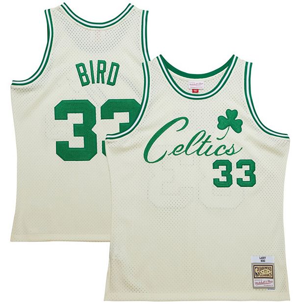 Men's Mitchell & Ness Larry Bird Cream Boston Celtics Chainstitch