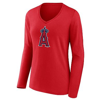 Women's Fanatics Branded Red Los Angeles Angels Official Logo V-Neck Long Sleeve T-Shirt