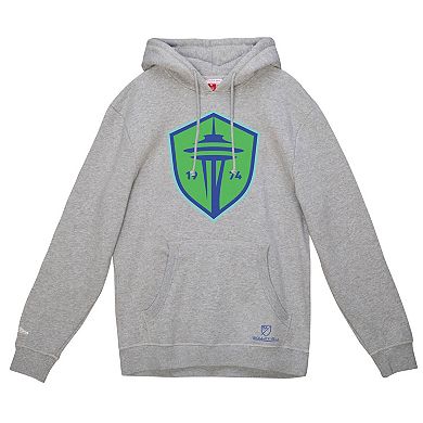 Men's Mitchell & Ness Heather Gray Seattle Sounders FC Primary Logo Pullover Hoodie