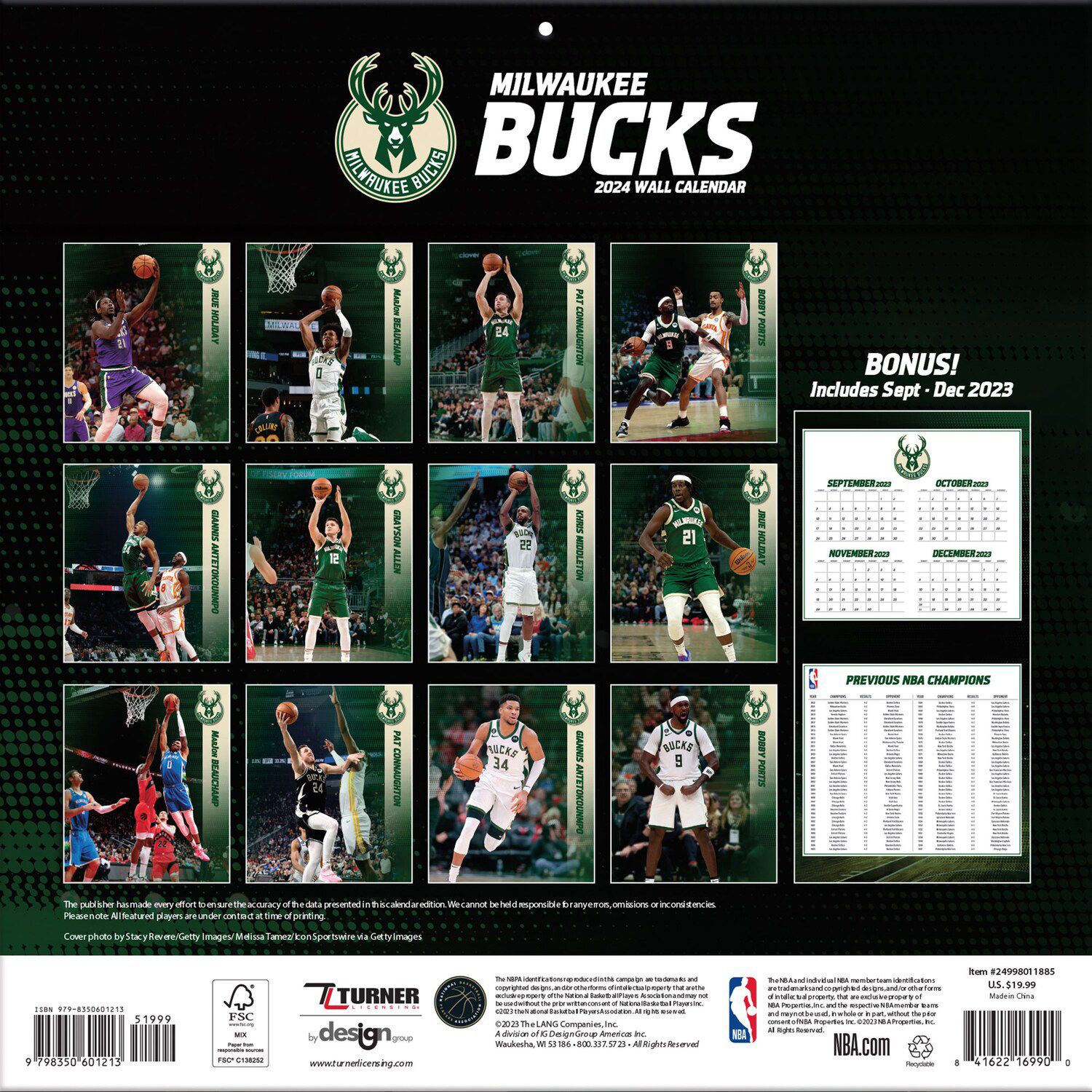 Milwaukee Bucks 2024 12'' X 12'' Team Wall Calendar