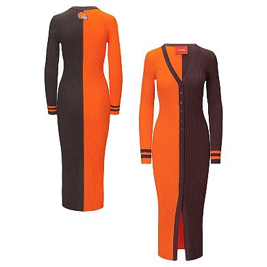 Women's STAUD Orange/Brown Cleveland Browns Shoko Knit Button-Up Sweater Dress