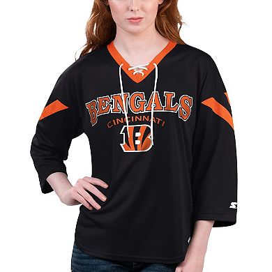 Women's Starter Black Cincinnati Bengals Rally Lace-Up 3/4 Sleeve T-Shirt