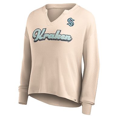 Women's Fanatics Branded Oatmeal Seattle Kraken Go For It Notch Neck Waffle Knit Long Sleeve T-Shirt