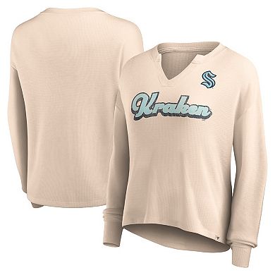 Women's Fanatics Branded Oatmeal Seattle Kraken Go For It Notch Neck Waffle Knit Long Sleeve T-Shirt