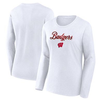 Women's Fanatics Branded White Wisconsin Badgers Double Team Script Long Sleeve T-Shirt