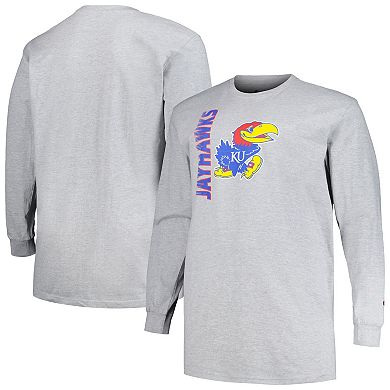 Men's Champion Heather Gray Kansas Jayhawks Big & Tall Mascot Long Sleeve T-Shirt