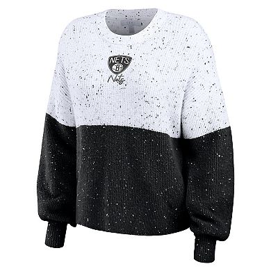 Women's WEAR by Erin Andrews White/Black Brooklyn Nets Color-Block Pullover Sweater