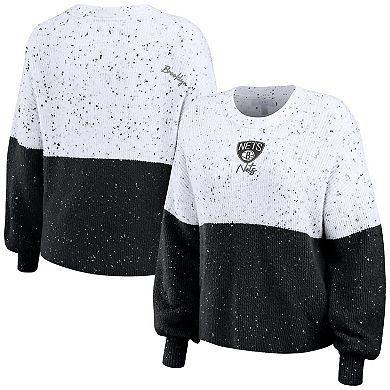 Women's WEAR by Erin Andrews White/Black Brooklyn Nets Color-Block Pullover Sweater