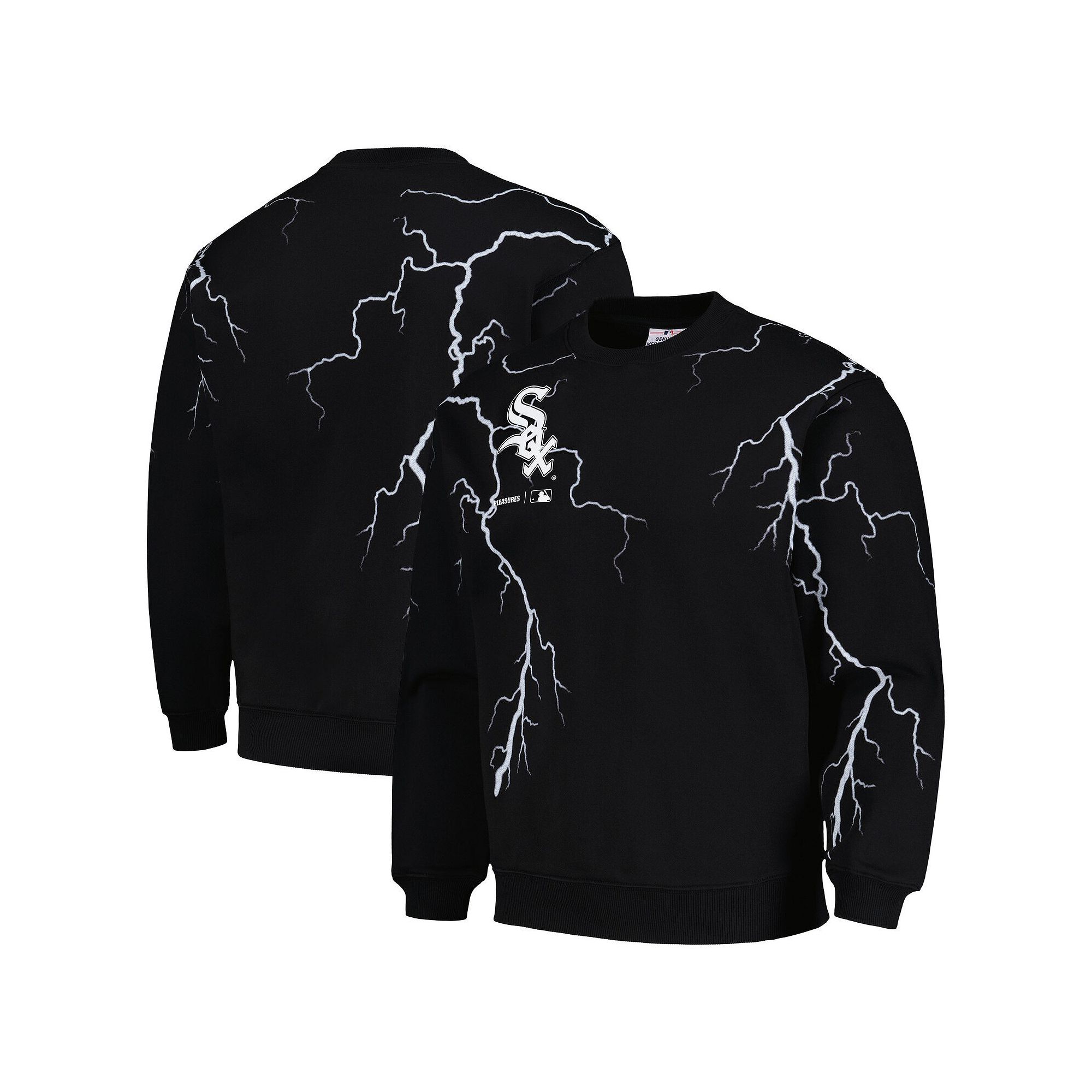 Mens PLEASURES  Black Chicago White Sox Lightning Crewneck Pullover Sweats