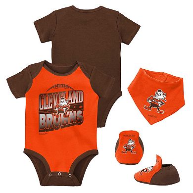 Newborn & Infant Mitchell & Ness Orange/Brown Cleveland Browns Throwback Big Score Creeper Bib and Bootie Set