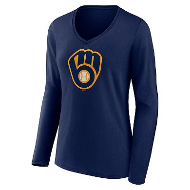 Women's Fanatics Branded Navy Milwaukee Brewers Official Logo V-Neck Long Sleeve T-Shirt