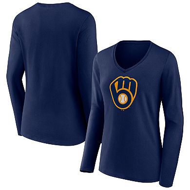 Women's Fanatics Branded Navy Milwaukee Brewers Official Logo V-Neck Long Sleeve T-Shirt