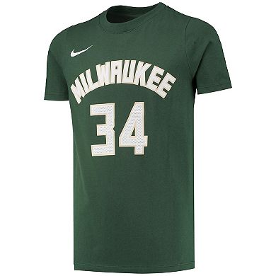 Youth Nike Giannis Antetokounmpo Hunter Green Milwaukee Bucks Logo Name & Number Performance T-Shirt