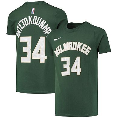 Youth Nike Giannis Antetokounmpo Hunter Green Milwaukee Bucks Logo Name & Number Performance T-Shirt