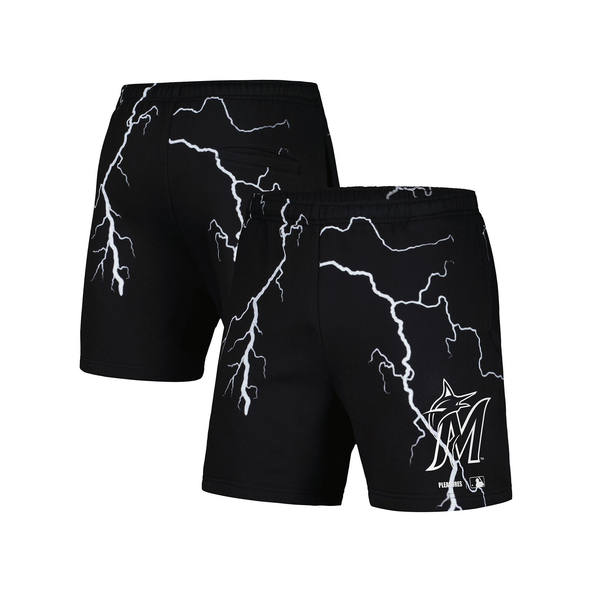 Mens PLEASURES  Black Miami Marlins Lightning Shorts, Size: Small