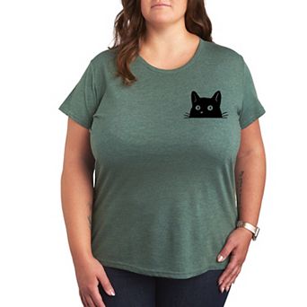 Plus Cat Peeking Left Chest Graphic Tee