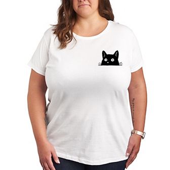 Plus Cat Peeking Left Chest Graphic Tee