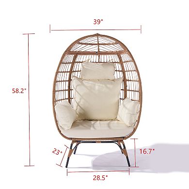 F.C Design Wicker Egg Chair: Oversized Lounger for Patio, Backyard, Living Room - Steel Frame, 5 Cushions