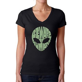 Beware of Humans - Women's Word Art V-Neck T-Shirt