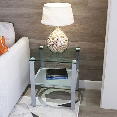 F.C Design 2-Layer Glass Tea Table Small Side End Table for Bedroom & Living Room