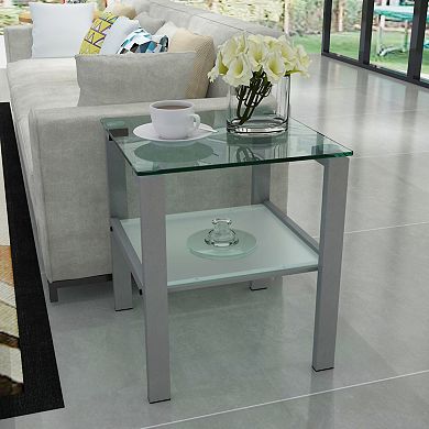F.C Design 2-Layer Glass Tea Table Small Side End Table for Bedroom & Living Room