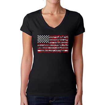 Fireworks American Flag - Women's Word Art V-Neck T-Shirt