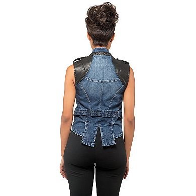 Curvy Women's Stretch Denim With Vegan Leather Detail Moto Vest
