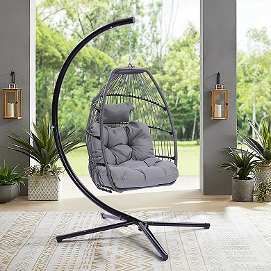 F.C Design Outdoor Patio Wicker Folding Hanging Chair - Rattan Swing Hammock Egg Chair with C Type Bracket, Cushion & Pillow.