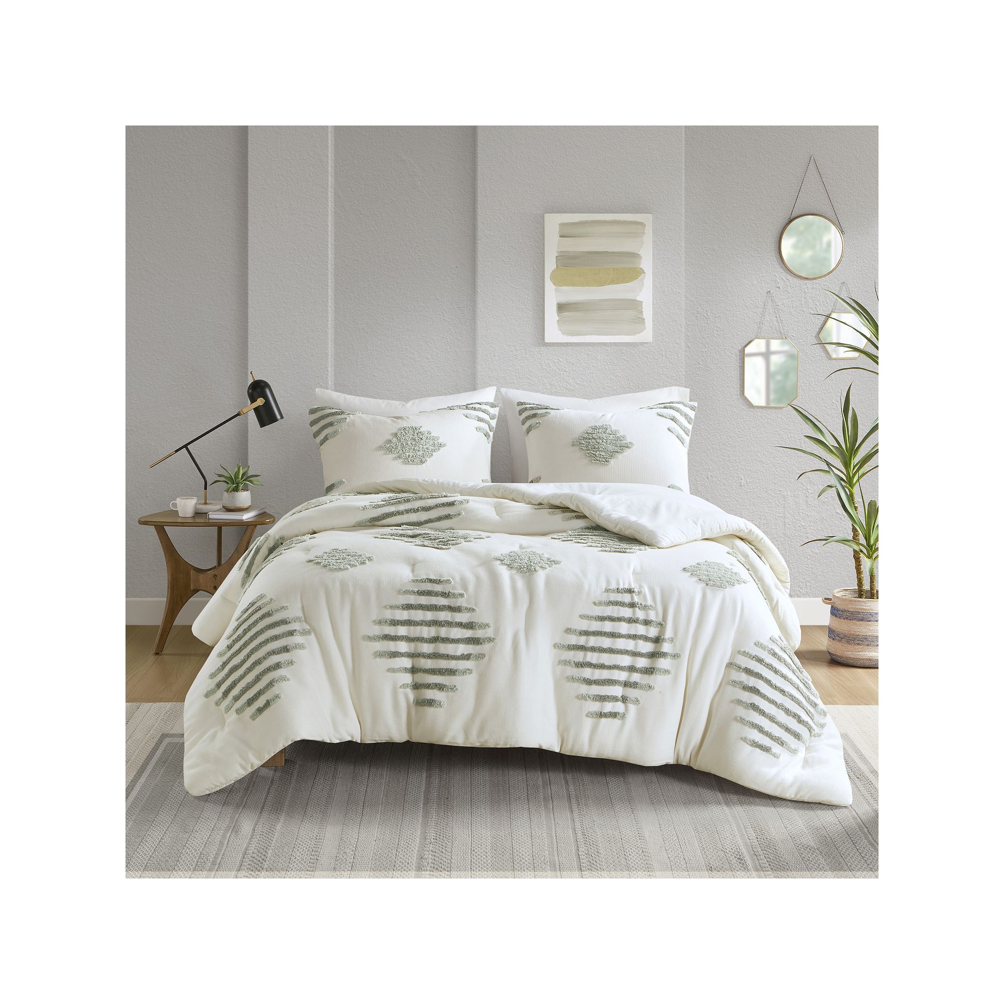 INK+IVY Tahli 3-Piece Cotton Blend Chenille Comforter Set, Green Ivory