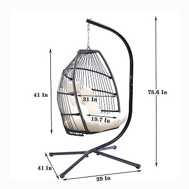 F.C Design Outdoor Patio Wicker Folding Hanging Chair: Rattan Decor Swing Hammock Egg Chair with Cushion and Pillow