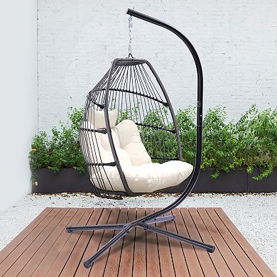 F.C Design Outdoor Patio Wicker Folding Hanging Chair: Rattan Decor Swing Hammock Egg Chair with Cushion and Pillow