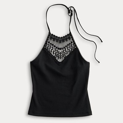 Juniors' SO® Crochet High Neck Halter Top