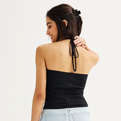 Juniors' SO® Crochet High Neck Halter Top
