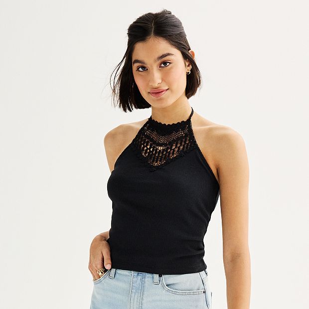 Juniors' SO® Crochet High Neck Halter Top