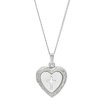 Sterling Silver Mother-of-Pearl Cross Embossed Heart Locket Pendant Necklace