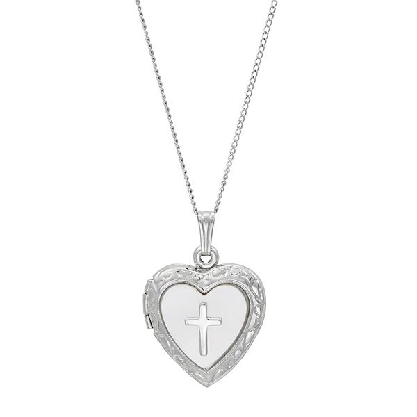 Sterling Silver Mother-of-Pearl Cross Embossed Heart Locket Pendant ...