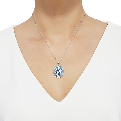 Sterling Silver Crystal Blue Hummingbird Cameo Pendant Necklace