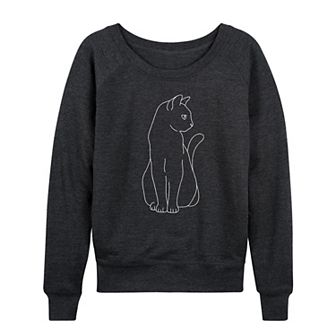Women's White Cat Outline French Terry Long Sleeve Tee