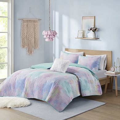 Intelligent Design Karissa Watercolor Tie Dye Printed Quilt Set with Throw Pillow