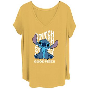 Disney's Lilo & Stitch Juniors' Wavy Name Stack Good Vibes V Neck Tee