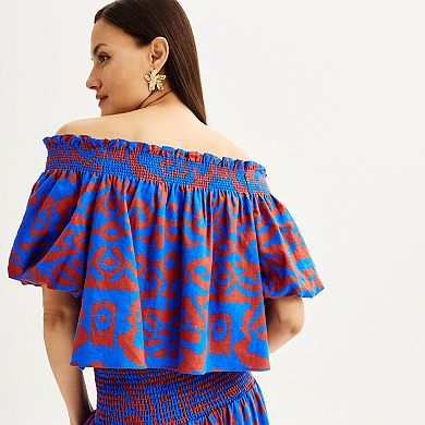 Women's Nine West Abstract Wavy Print Ruffled Off-The-Shoulder Volume Top