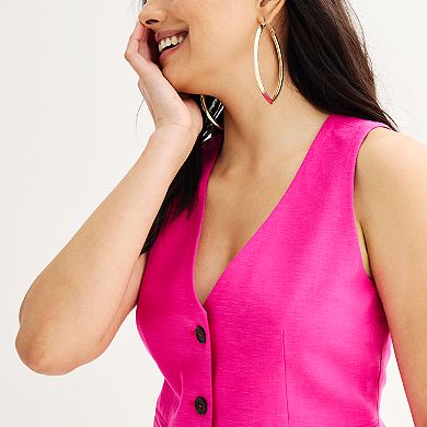 Women's Nine West V-Neck Linen-Blend Button Front Vest