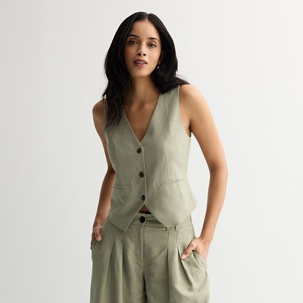 Women's Nine West V-Neck Linen-Blend Button Front Vest