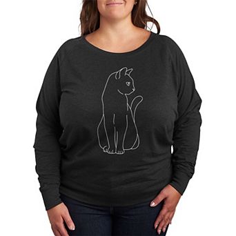 Plus Size White Cat Outline French Terry Long Sleeve Tee