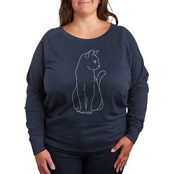 Plus Size White Cat Outline French Terry Long Sleeve Tee