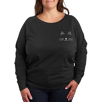 Plus Size Cat Face French Terry Long Sleeve Tee