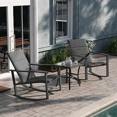 Emma and Oliver Braelin 3 Piece Outdoor Rocking Chair Patio Set with Flex Comfort Material and Metal Framed Glass Top Table