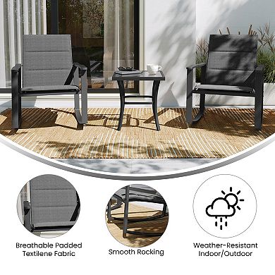 Emma and Oliver Braelin 3 Piece Outdoor Rocking Chair Patio Set with Flex Comfort Material and Metal Framed Glass Top Table